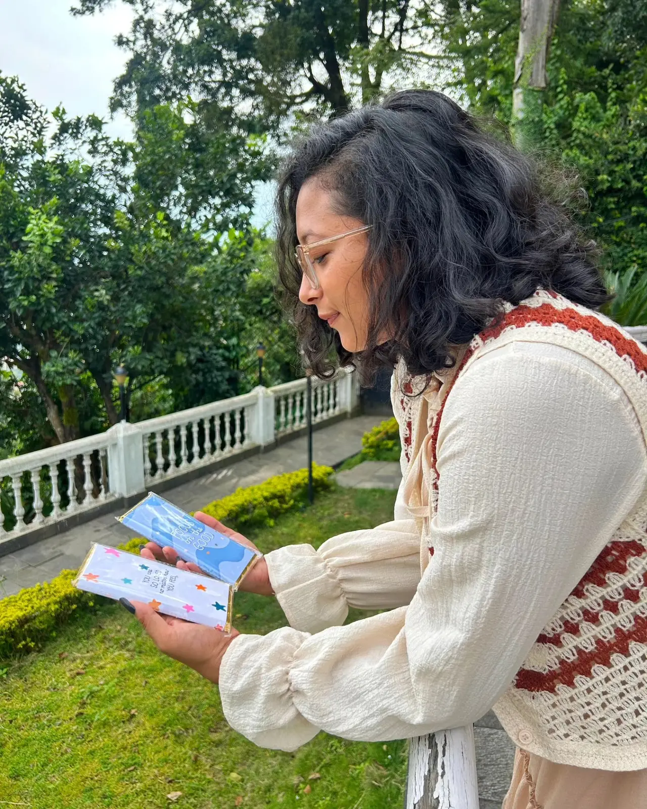 Sharing Yeju chocolate outdoors in Kathmandu